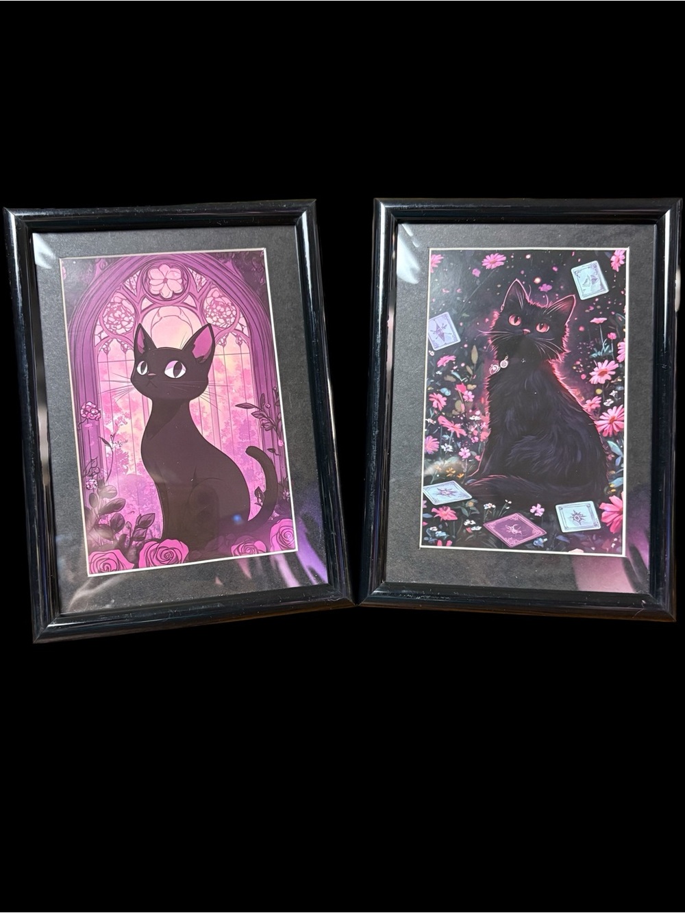 Set of 2 Framed 5x7 Black Cat Celestial Art Prints – Moon & Floral Witchy Décor